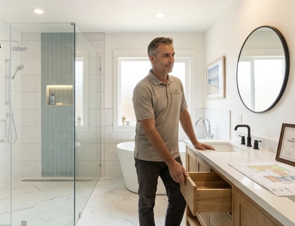 Bathroom remodeling professional standing inside a completed bathroom project