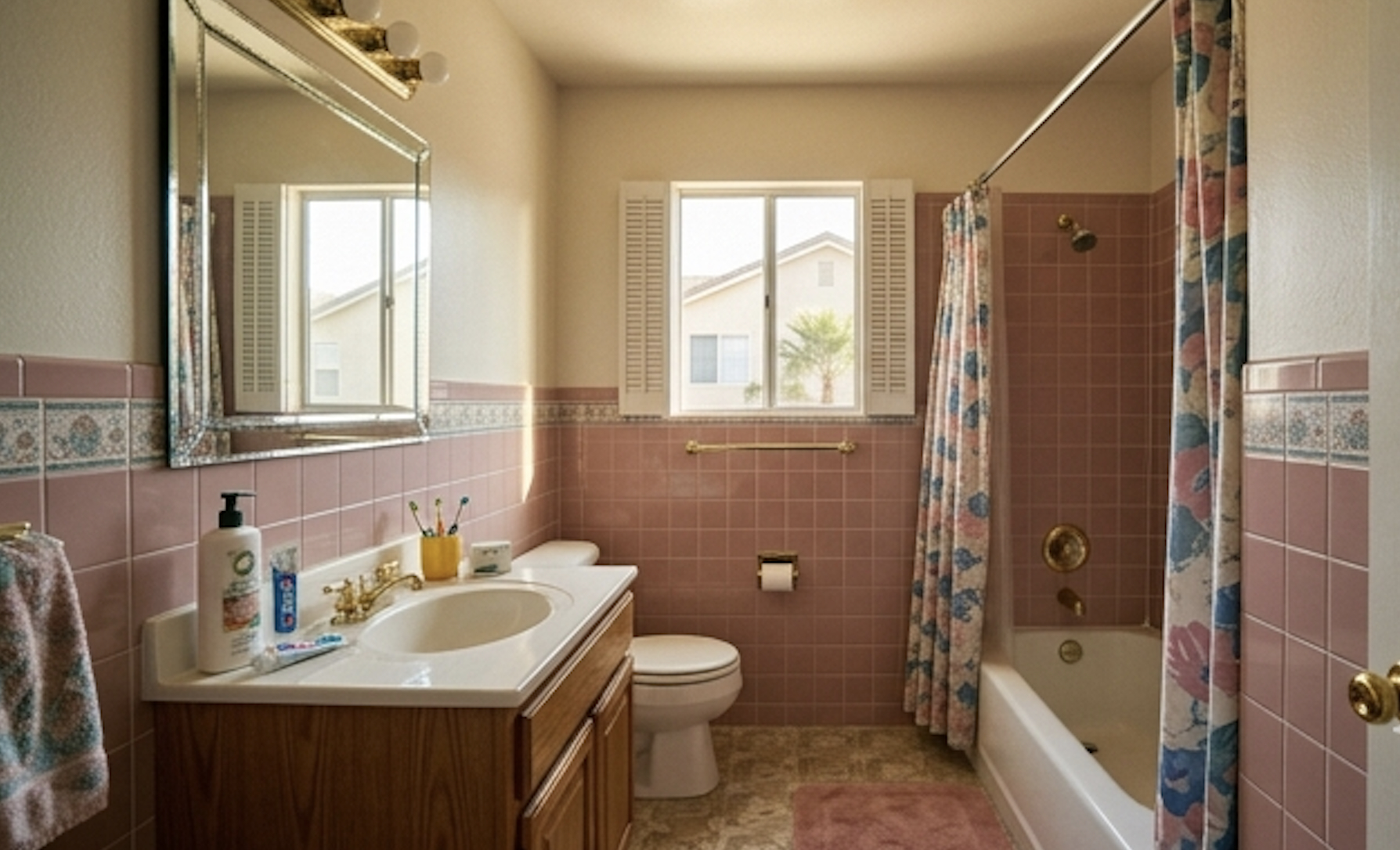 Older bathroom before remodel with darker finishes and dated feel