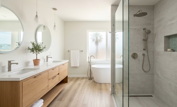 Custom shower remodel with glass enclosure, niche storage, and modern bathroom finishes