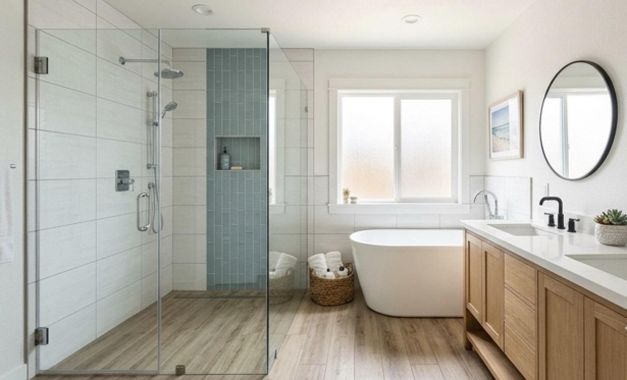 Bathroom remodel cost guide image with glass shower, tub, and wood vanity