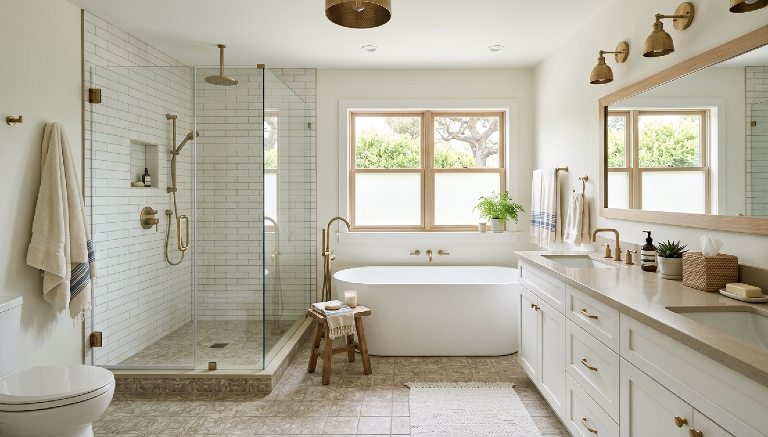 Full bathroom renovation with white vanity, freestanding tub, shower enclosure, and updated finishes