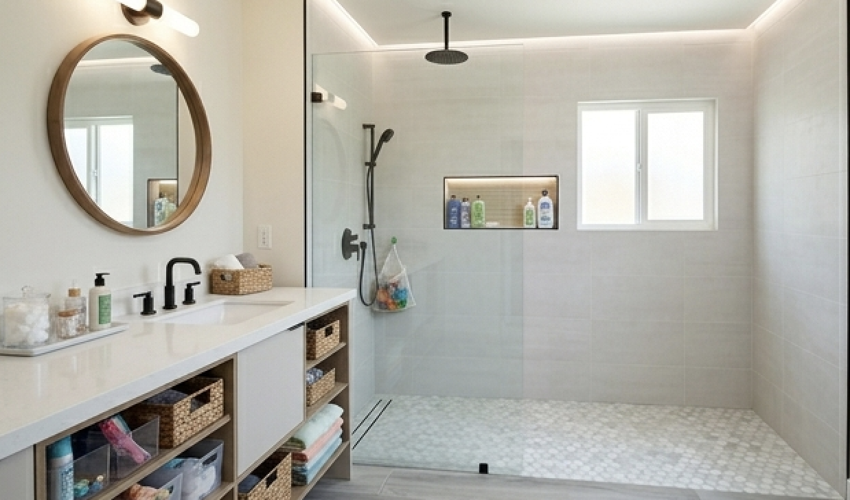 Family bathroom with open storage vanity, glass shower, and updated finishes