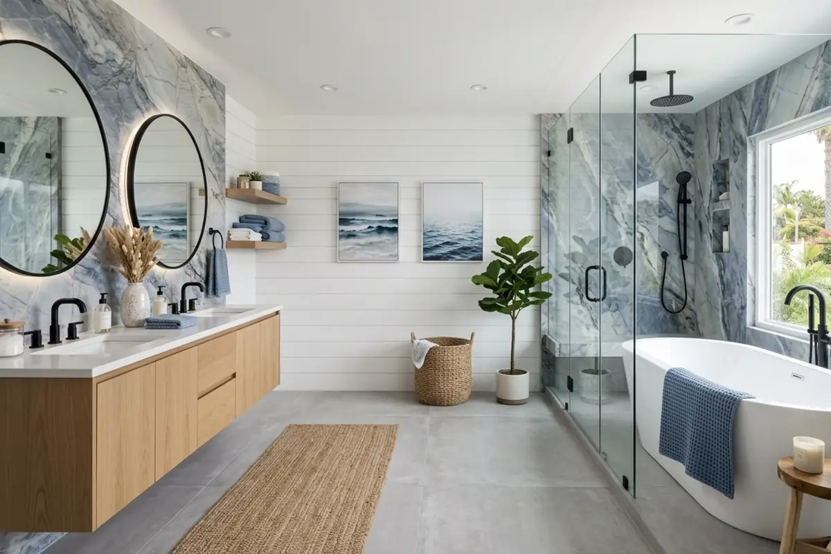 modern blue tile bathroom remodel coastal style