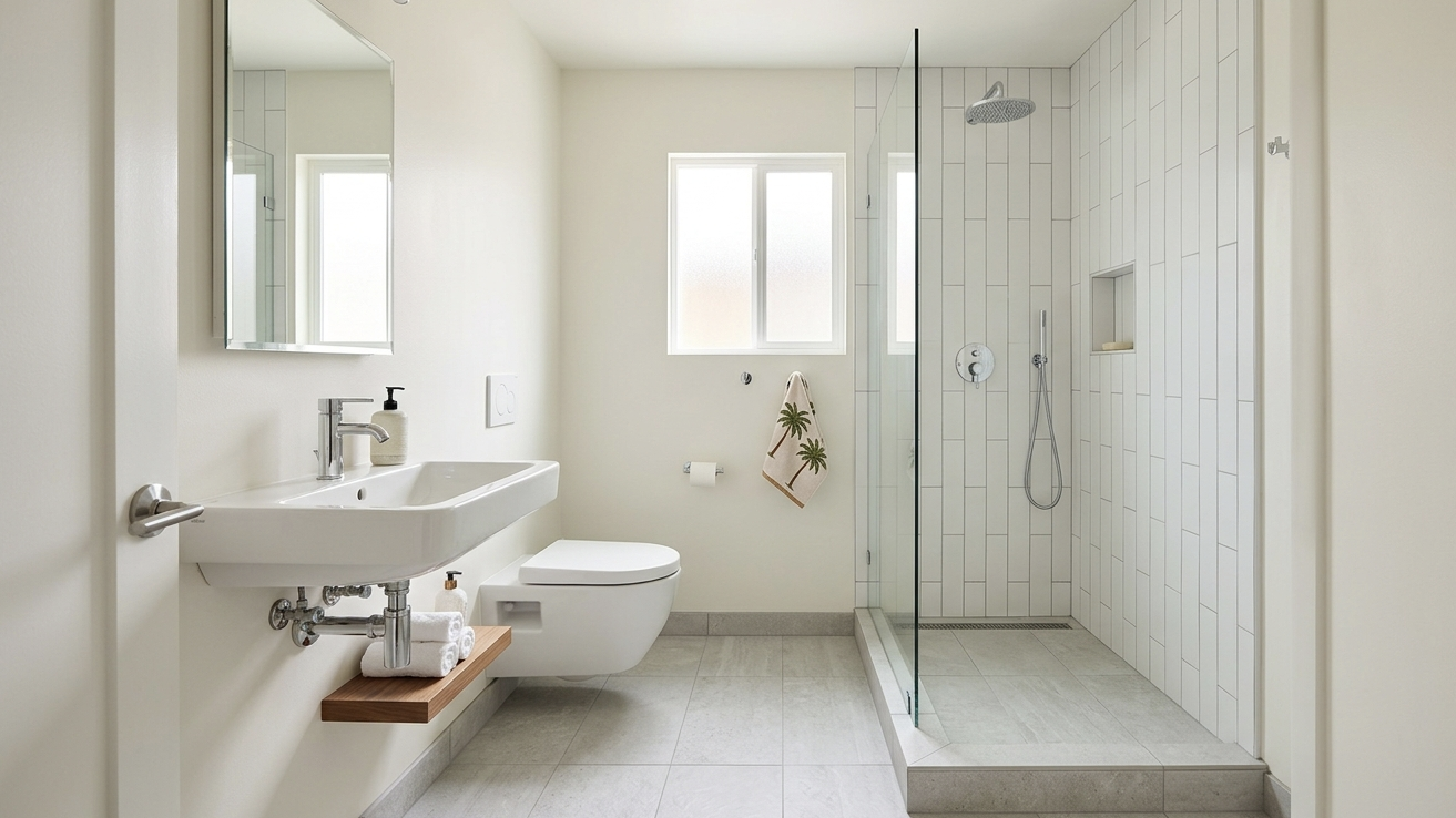 Condo remodel with compact walk-in shower, floating sink, and bright modern layout