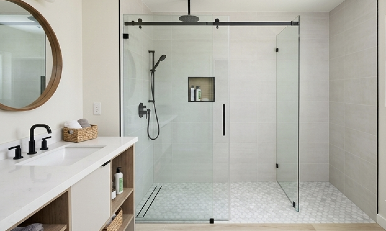 tub-to-shower conversion with walk-in glass shower and updated finishes