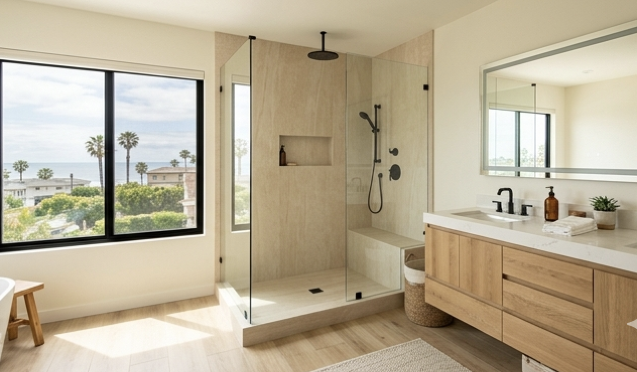 Bathroom remodeling trends in Huntington Beach with warm neutral finishes and modern shower layout
